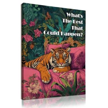 Imagem de KU-DaYi Boho Tiger Inspirational Wall Art Decor, Maximalist Eclectic Floral Tiger Canvas Prints Pictures Framed, What's the Best That Could Happen Wall Art Prints for Home Bedroom Decor, 28 x 35 cm