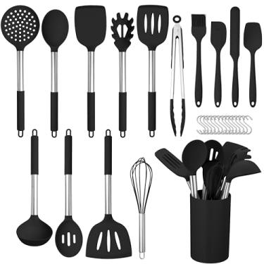 Imagem de HaWare Conjunto de utensílios de cozinha de silicone com 29 peças, resistente ao calor, com alça de aço inoxidável, conjuntos de espátulas com suporte e ganchos, utensílios de cozinha para panelas
