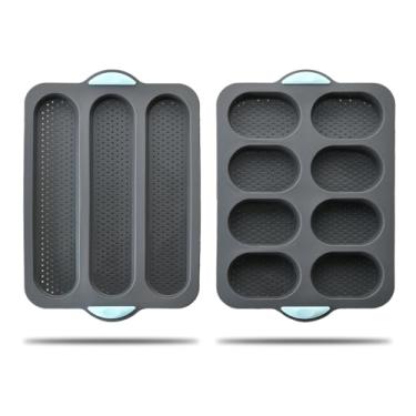 Imagem de Conjunto de 2 formas de baguete de silicone antiaderente, molde para assar pão francês, 8 xícaras de pão de hambúrguer perfurado, forma de torrada de pão longo de 3 ondas, forma de torrada para