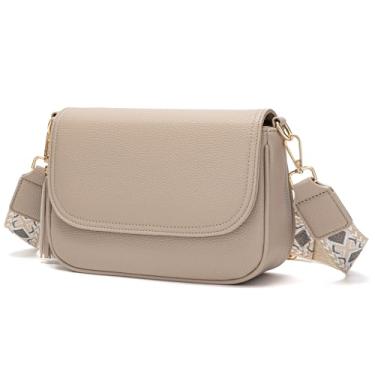 Imagem de NGGU Bolsa tiracolo feminina - Bolsa tiracolo de couro com alça ajustável, bolsa de ombro pequena leve para viagens e todos os dias, Bege, Bolsa quadrada pequena