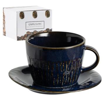 Imagem de QNMUSUNC Copo de café com leite de cerâmica com pires, 200 ml, caneca de café, xícaras de café expresso para cappuccino, chá de leite e mocha, seguro para lava-louças e micro-ondas (azul)