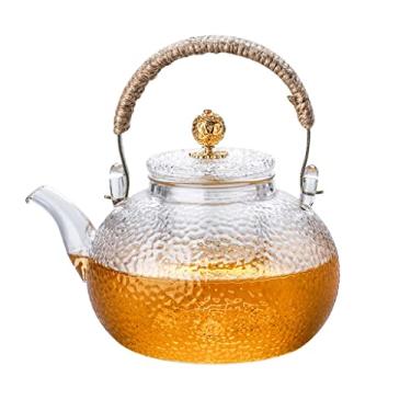 Imagem de Chaleira de café e chá com padrão martelo, bule de vidro com tampa, bola de metal, cabo de corda de cânhamo, fogão, seguro para uso doméstico, fogão elétrico de cerâmica de 880 ml