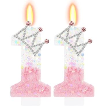 Imagem de ElekFX Vela número 11 rosa e branca, topo de bolo com coroa de glitter, decorações de festa de aniversário de princesa para meninas e mulheres, lembrancinhas de festa de aniversário