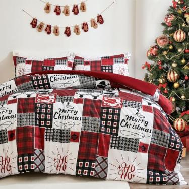 Imagem de Conjunto de capa de edredom de Natal, tamanho Queen, 3 peças, vermelho, patchwork, rena, floco de neve, conjunto de cama de poliéster temático de festival com 2 fronhas com zíper