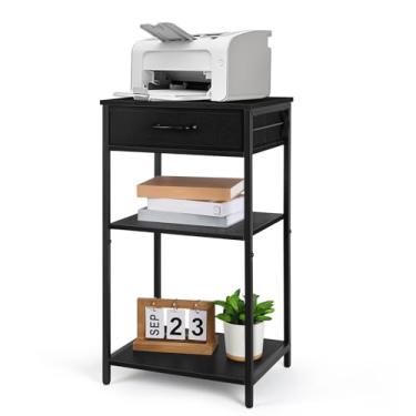 Imagem de Mesa de suporte de impressora para home office 3 níveis pequeno suporte de impressora com gaveta de armazenamento prateleira multifuncional de mesa com placa de madeira e moldura de metal para impressora scanner de máquina de fax, preto