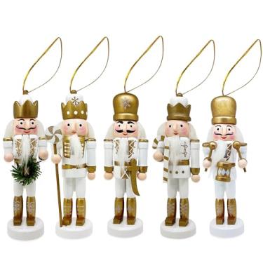Imagem de MicoSim Decoração de Natal Quebra-Nozes, 5 peças de bonecos de quebra-nozes decorativos de madeira, conjunto de enfeites de biscoito para festa de festival (ouro)