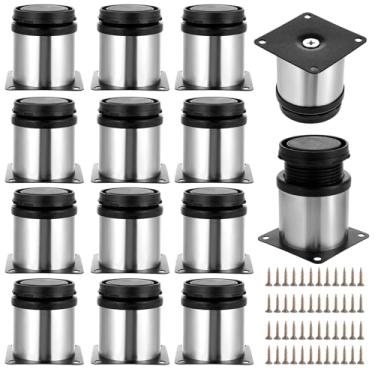Imagem de Qulkws Pacote com 12 pernas de móveis de aço inoxidável de 6 cm, pernas redondas ajustáveis prateadas, pés de suporte de móveis, pernas de armário para mesa de centro, sofá, prateleiras, guarda-roupa