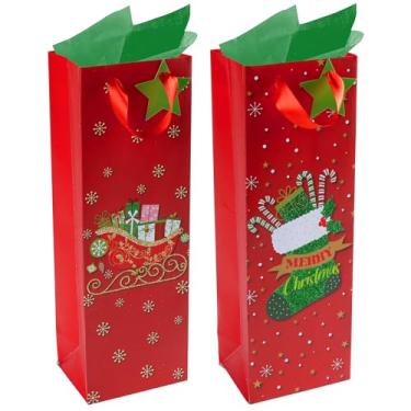 Imagem de RACHELLE'S Sacos de vinho de Natal – 35,5 x 12,7 x 10,16 cm – Pacote com 2 sacos de presente de papel resistente com papel de seda, etiqueta e alça – Design de trenó e meia – Perfeito para presentes