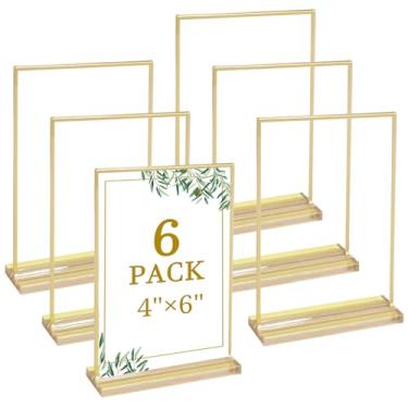 Imagem de Floroom Pacote com 6 suportes de placa de acrílico transparente de 10 x 15 cm, porta-retratos dourados dupla face para números de mesa, menus, panfletos, casamentos e escritórios