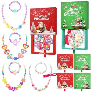 Imagem de Tondiamo Conjunto de 4 joias infantis de Natal para meninas, princesas, colares e pulseiras com contas com caixa de presente para lembrancinhas de festa de aniversário de Natal (Clássico)