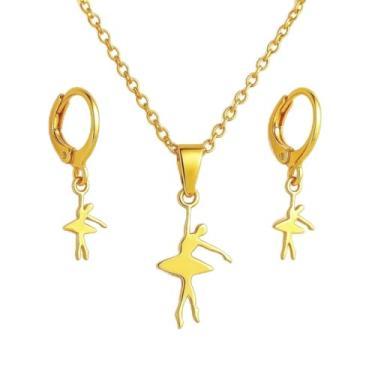 Imagem de Conjunto Infantil Brinco Argolinha e Colar Pingente Bailaria Banhado a ouro 18k Banho paládio antialérgico Semijoia Cor Dourada Criança Menina Embalado para Presente Dança Festa Casual Escola Leve