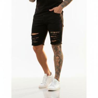 Imagem de Bermuda Jeans Masculina Rasgada Sarja Destroyed - Mitchelgutto, Preto,