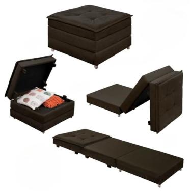 Imagem de Puff Estofado Dobrável 3 em 1 Vira Cama Solteiro Versátil Confortável Resistente Com Rodízios E Baú(Marrom)