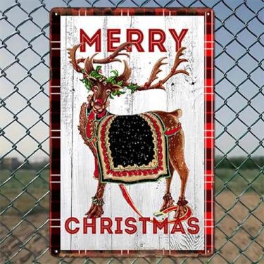 Imagem de Placa de rena Merry Christmas, decorações de Natal, arte de parede de alumínio rústico e placa de metal - 20 x 30 cm, decoração vintage interna e externa para casa, escritório, café, quintal e jardim