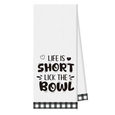 Imagem de Toalha de cozinha inspiradora - Life is Short Lick The Bowl, panos de prato reutilizáveis para cozinhar, toalhas de chá de cozinha engraçadas, panos de prato absorventes, toalhas de mão, decoração de