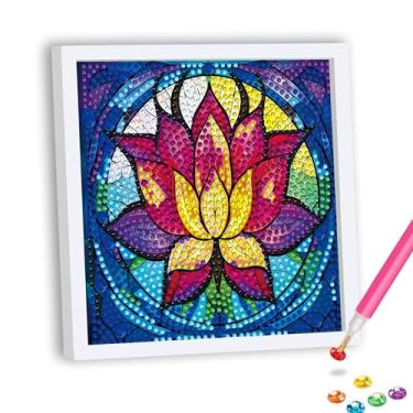 Imagem de Kits de pintura de diamante de flor de lótus 5D com moldura - Kits de arte de diamante DIY para adultos com broca redonda completa emoldurada - Ponto cruz bordado de cristal - Artesanato para