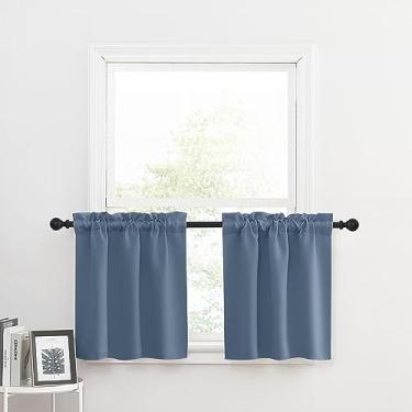 Imagem de Cortina azul pedra sanefa para janela de cozinha, pequenas cortinas blecaute para armário armário fazenda bolso varão cortinas curtas para trailer/berçário? 74 cm L x 61 cm C, 2 peças