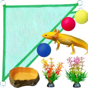 Imagem de 8 peças de rede axolotl com prato de alimentação bola flutuante rede de axolote para aquário, brinquedos de enriquecimento de axolotl para répteis, triângulo, espreguiçadeira, escada, malha respirável
