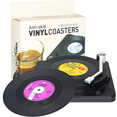 Imagem de Porta-copos de vinil retrô divertidos para bebidas com toca-discos de vinil para amantes de música, conjunto de 6 peças de conversa, ideias de presente de registro de casamento, presentes de boas-vindas, presentes de anfitriã