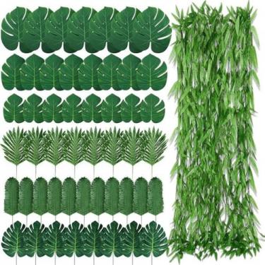 Imagem de XunYee Conjunto de decoração de 110 peças de videiras artificiais e folhas de palmeira Monstera, vinhas falsas de vime de vime, folhas falsas tropicais falsas a granel para decoração de festa de