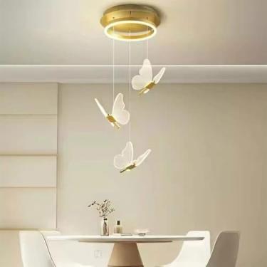 Imagem de SUMESIRO Lustre de borboleta, luminária pendente de escada inovadora, pingente de ilha de cozinha com sombra acrílica, luminária de jantar suspensa ajustável (pingente de 3 luzes)