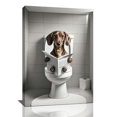 Imagem de Engraçado Dachshund Banheiro Arte de Parede Tela Preto e Branco Weiner Cachorro Weiner Decoração de Parede Animal Leitura de Jornais Imagens de Cachorro Banheiro Pintura Impressão Emoldurada