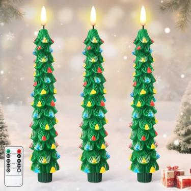 Imagem de Enhon 3 peças de velas cônicas de árvore de Natal sem chamas operadas por bateria com controle remoto e temporizador, velas de LED de cera real, pavio 3D quente, folhas realistas, decoração de jantar