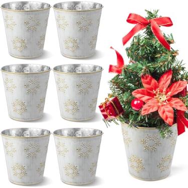 Imagem de Zhehao Balde galvanizado de Natal, 6 peças, cesta de metal, 14 cm, vaso decorativo de estanho, casa de fazenda, suporte de flores vintage, decoração para Natal, casa, exterior, interior (estilo floco