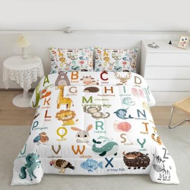 Imagem de Feelyou Conjunto de edredom infantil com alfabeto ABC, com 1 fronha, para crianças, crianças, solteiro, desenho animado, animal, colorido, zoológico, edredom