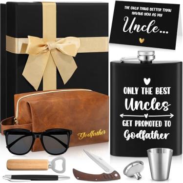 Imagem de Chengu 9 peças de presente de pedido de padrinho Will You Be My Godfather conjunto de presente com caixa cantil cartões óculos de sol bolsa de higiene pessoal de couro abridor de garrafas caneta faca