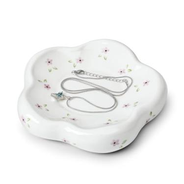 Imagem de Koythin Bandeja de joias de cerâmica, prato de bugiganga em forma de flor para anéis, brincos, colares, chá de noiva, dama de honra, presentes de aniversário para mulheres (fragmentos florais roxos)