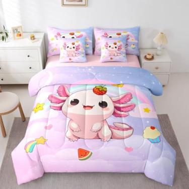 Imagem de Erosebridal Conjunto de edredom solteiro com estampa de axolote de galáxia, arco-íris, 7 peças, para crianças, meninas, desenho fofo, salamandra, conjunto de cama kawaii, estrelas e lua