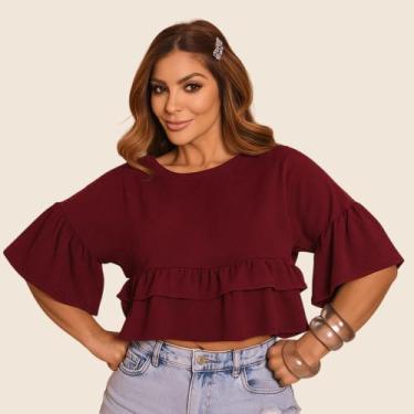 Imagem de Blusa Bata Manga Duna Cropped Babados Moda Feminina Boho - Gilfer Vari