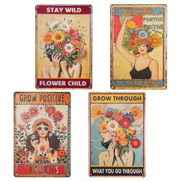 Imagem de Mulaibdin 4 peças de placa de metal vintage em lata, pôster retrô boêmio, estética, placas de arte de parede hippie, decoração para quarto, casa, cozinha, escritório, cafés, decoração (20 x 30 cm)