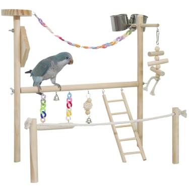 Imagem de Suporte de madeira para atividades de pássaros com centro de jogos, parque infantil de papagaio com escada, sinos, balanço e copos de alimentação