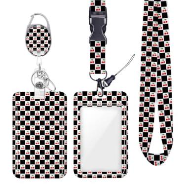 Imagem de Porta-crachá de identificação de cereja quadriculada para crachá para crachás de identificação, chaveiro protetor vertical, clipes de mosquetão retráteis, cordão de chave resistente para mulheres