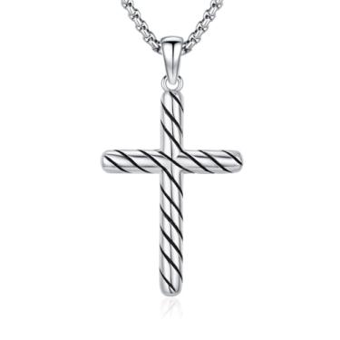 Imagem de StoryEtain Colar com cruz para homens e mulheres, prata esterlina 925, pingente de cruz giratória, joia cristã, presente com corrente de aço inoxidável de 56 cm + 5 cm