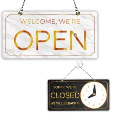 Imagem de PLIGREAT Placa aberta fechada para negócios, estilo mármore dourado, placas abertas, placa dupla face, horas de boas-vindas, para loja de varejo, bar, padaria, janela, decoração de parede, placa de