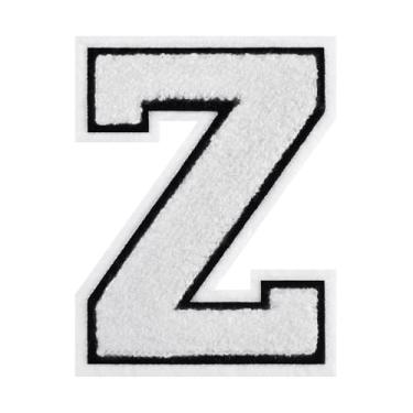 Imagem de 1 PÇ Patch de letra de chenille de ferro branco de 11,4 cm com borda preta – Remendos do alfabeto para roupas, jaquetas, mochilas, chapéus para decoração personalizada, nome personalizado e artesanato