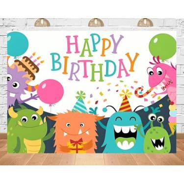Imagem de PEKRU 2,1 x 1,5 m tecido desenho animado pequeno monstro cenário fotografia pano de fundo colorido balão monstro suprimentos de festa para meninos meninas fundo de aniversário banner festa chá de bebê