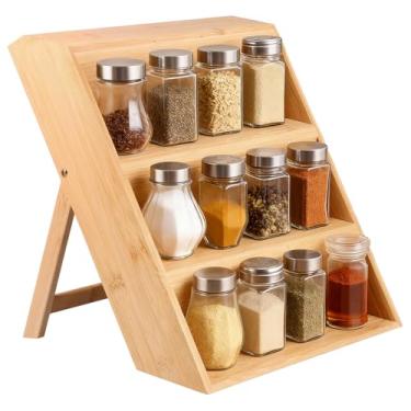 Imagem de HJJWNDDNG Rack de especiarias de bambu resistente com 3 camadas, organizador dobrável para gaveta de armário de bancada de cozinha doméstica (cor de tronco, 3 camadas)