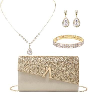 Imagem de Buric Bolsa clutch feminina brilhante brilhante com glitter e corrente removível, conjunto de joias de strass, 7.82x2.04x4.76 inches, Strass
