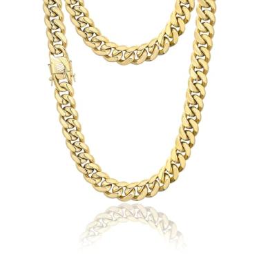 Imagem de CG&KYGG Corrente de elos cubanos banhados a ouro 14K de 12 mm para homens, colar grosso de aço inoxidável 316L para mulheres, presente para aniversário e férias (pacote delicado, fecho duplo de