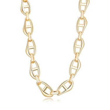 Imagem de PHNIBIRD Colar grosso de ouro 18 k banhado a ouro real grosso com elos de corrente para mulheres, comprimento ajustável 50 + 10 cm, Large, Metal, Sem Pedra Preciosa