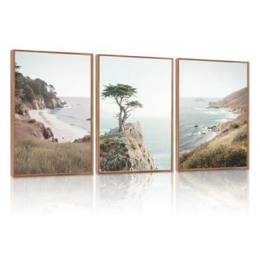 Imagem de LHIUEM Conjunto de arte de parede em tela emoldurada paisagem costeira com 3 (30 x 40.6 cm) beleza íngreme penhascos decoração de parede de praia, pintura de palmeira costeira, imagens de oceano