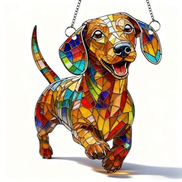 Imagem de Ornamento de acrílico para pendurar dachshund – apanhador de sol para pendurar na janela, arte em mosaico de 14 cm, decoração de cachorro de plástico colorido, presente para amantes de dachshund