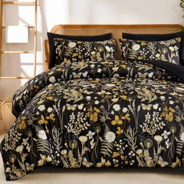 Imagem de Yiran Conjunto de edredom Queen, 7 peças, preto, floral, macio, cama queen em uma bolsa com flores botânicas marrons, edredom de inverno, lençóis, fronhas e fronhas