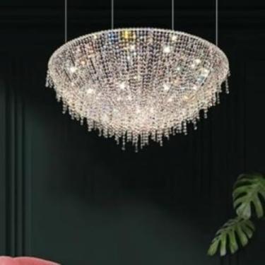 Imagem de Elegante luminária pendente de cristal italiano com atmosfera sofisticada - Ideal para decoração criativa de casas (salas de estar, jantar e quartos) (Diâmetro 80 cm - luz tricromática)