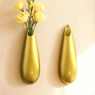 Imagem de DOCFLVAS Vaso de cerâmica escultural de parede — Pacote com 2 vasos de arandela dourados | Transforme flores em arte — Arandela decorativa de cerâmica para exibição de haste única