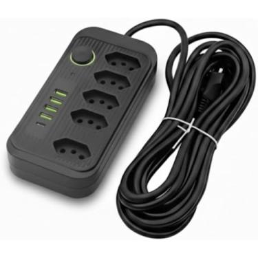 Imagem de Extensão Tomada Inteligente Suporte a Tensão de 110-220V Filtro de Linha, Régua de Energia 5 Tomadas 4 Interfaces 1 Porta USB Tipo-C Cabo de Alimentação de 2 M Potência 2500W – Premium (PRETO)